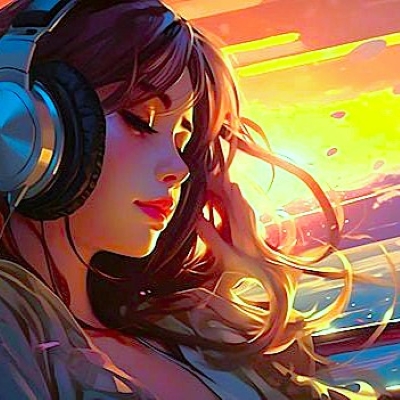 Femme sereine assise les yeux fermés avec des écouteurs et écoutant de la musique au couché du soleil